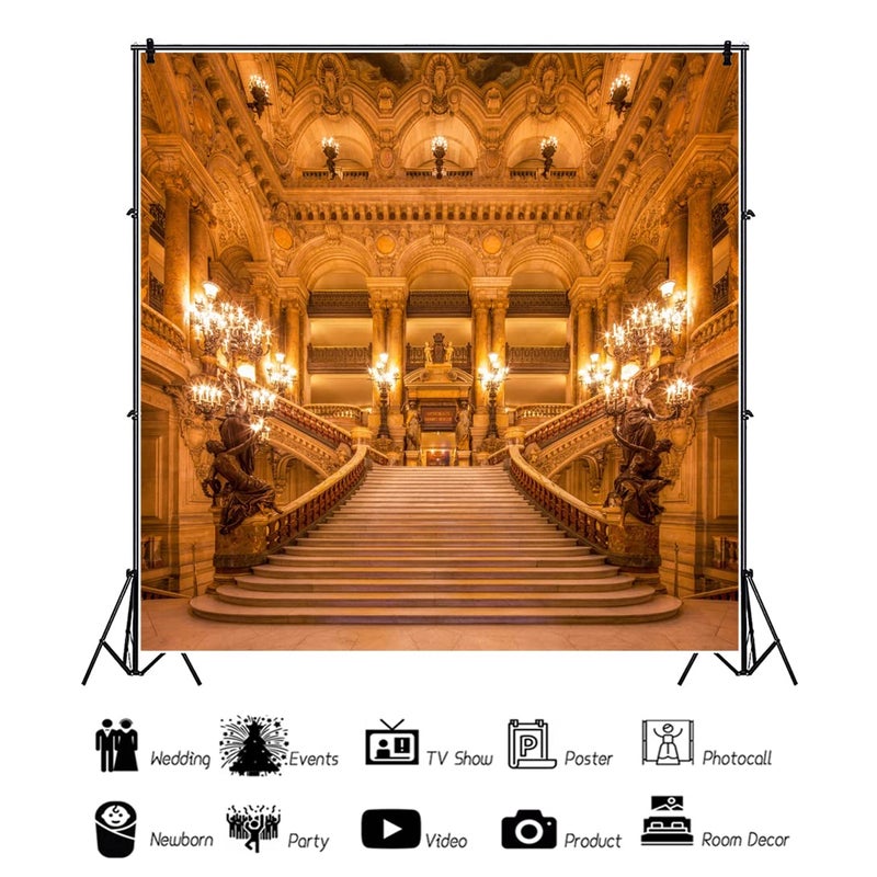 Renaiss 8x8ft Gold Luxurious Palace Backdrop for Photography European Old Church Golden Castle Royal Interior Chandelier Staircase Background Wedding Anniversary Party Banner Photo Booth Props - Image 4